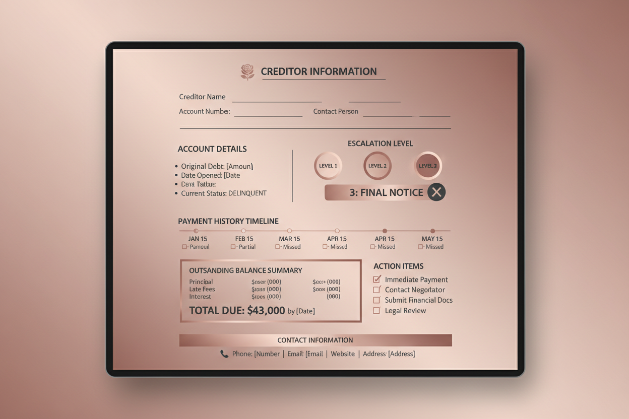 mockup a creditor escalation template with rose0gold background
