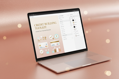 credit building toolkit PDF + Canva editable mockup with rose-gold background
