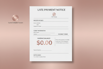 late payment mockup canva editable + PDF with rose-gold background