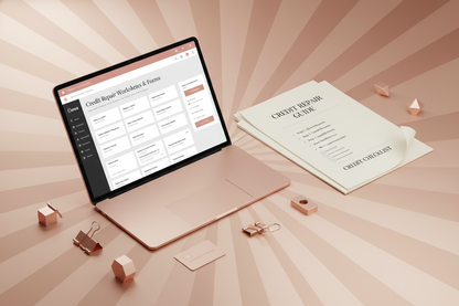 make a bundle mockup canva editable + PDF credit repair with rose-glod background  