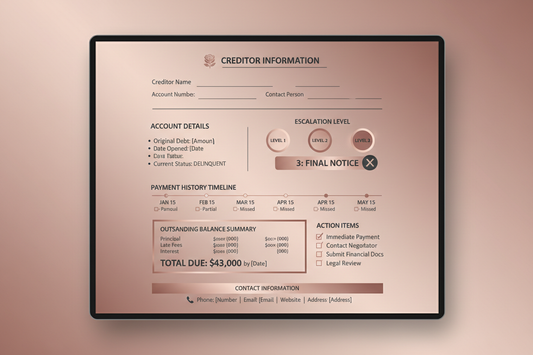 mockup a creditor escalation template with rose0gold background 