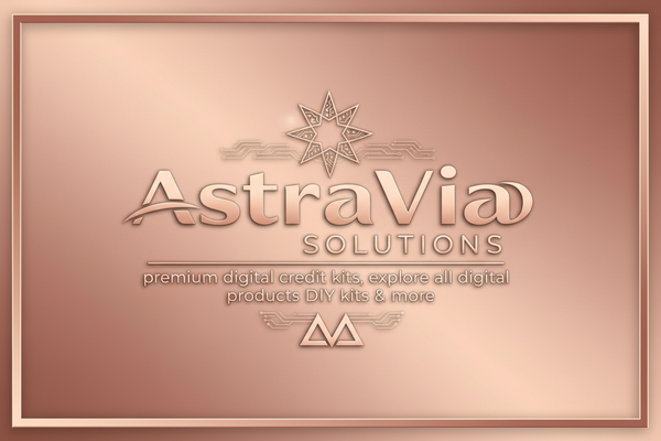 mockup a logo for AstraVia Solutions premium digital credit kits, explore all digital products DIY kits & more with rose-gold background 