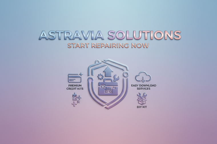 mockup a logo for AstraVia Solutions start repairing now, premium credit kits, DIY kits, easy download with light blue, purple, and rose-gold background 