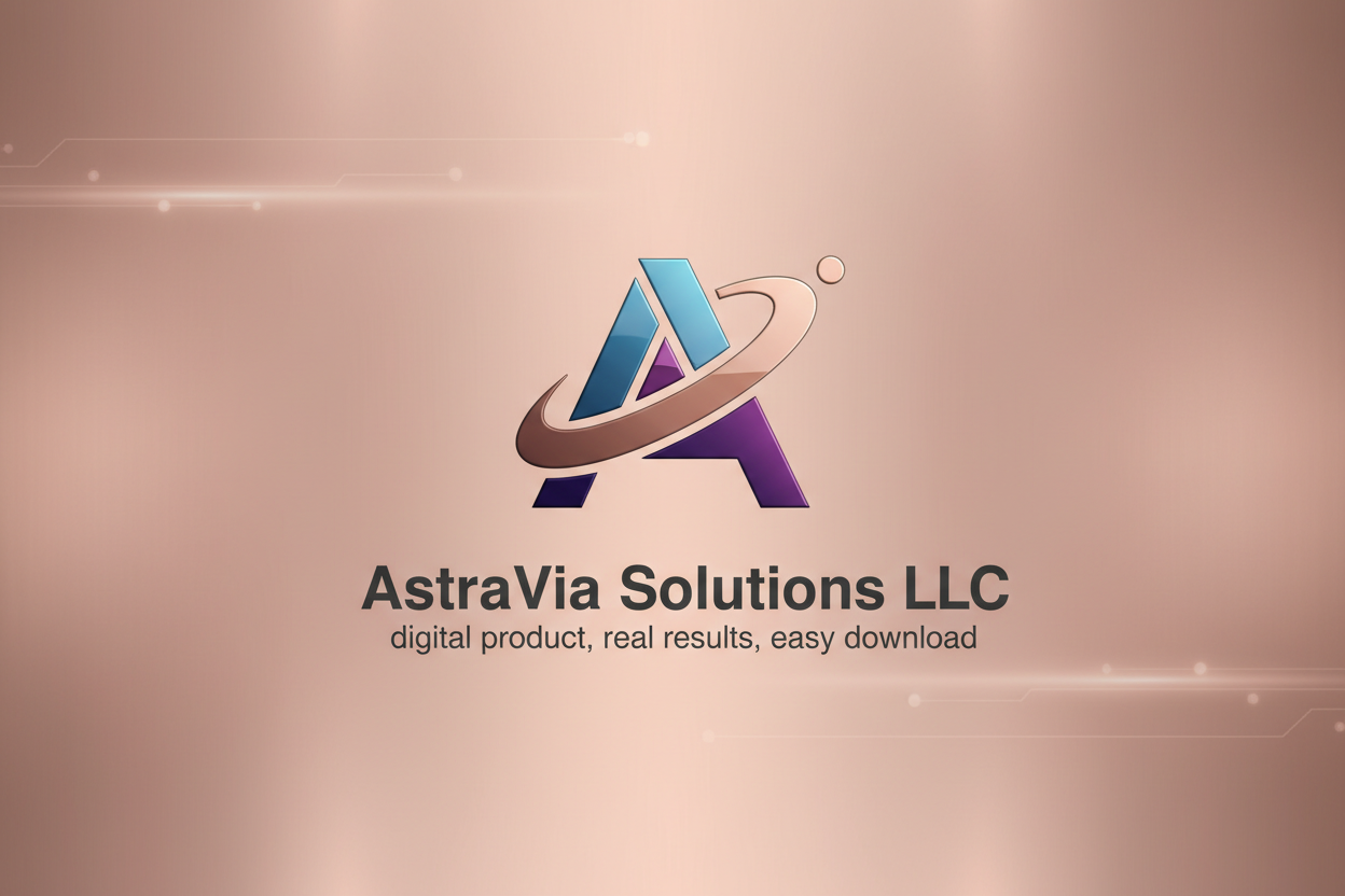 mockup a logo template for AstraVia Solutions LLC (digital product, real results, easy download) with rose-gold background  