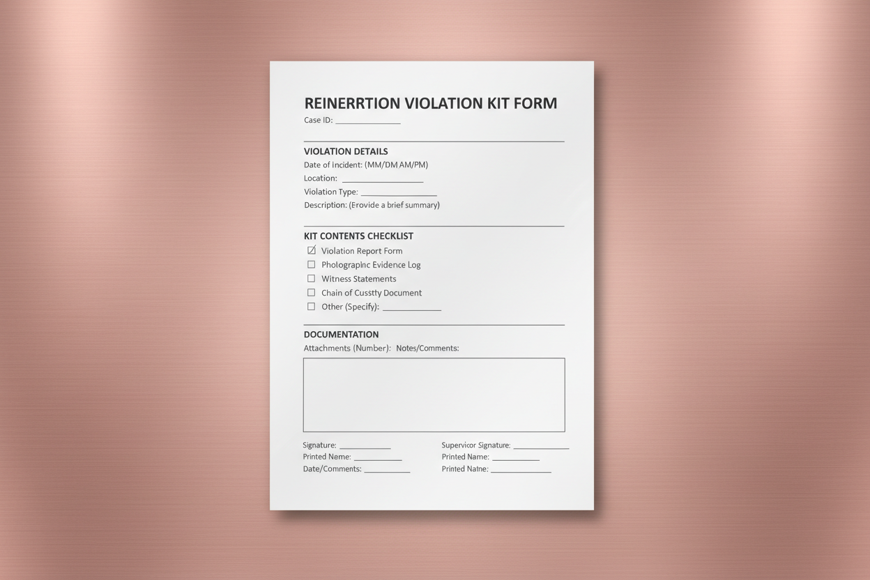 mockup a pdf of a reinsertion violation kit form with rose-gold backround