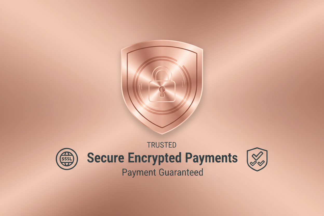 mockup a template for trust badge / guaranteed for encrypted payments with rose-gold background 