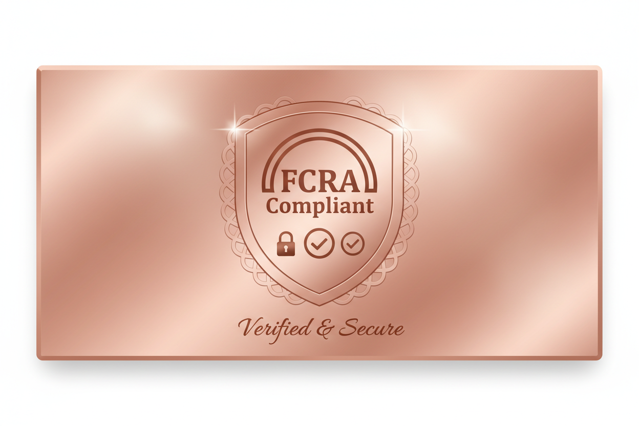 mockup a template for trust badge / guaranteed for FCRA compliant with rose-gold background 