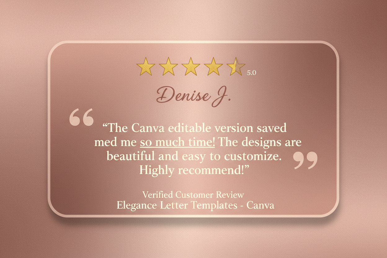 mockup a testimonial for Canva editable version letter with rose-gold background for Denise J 