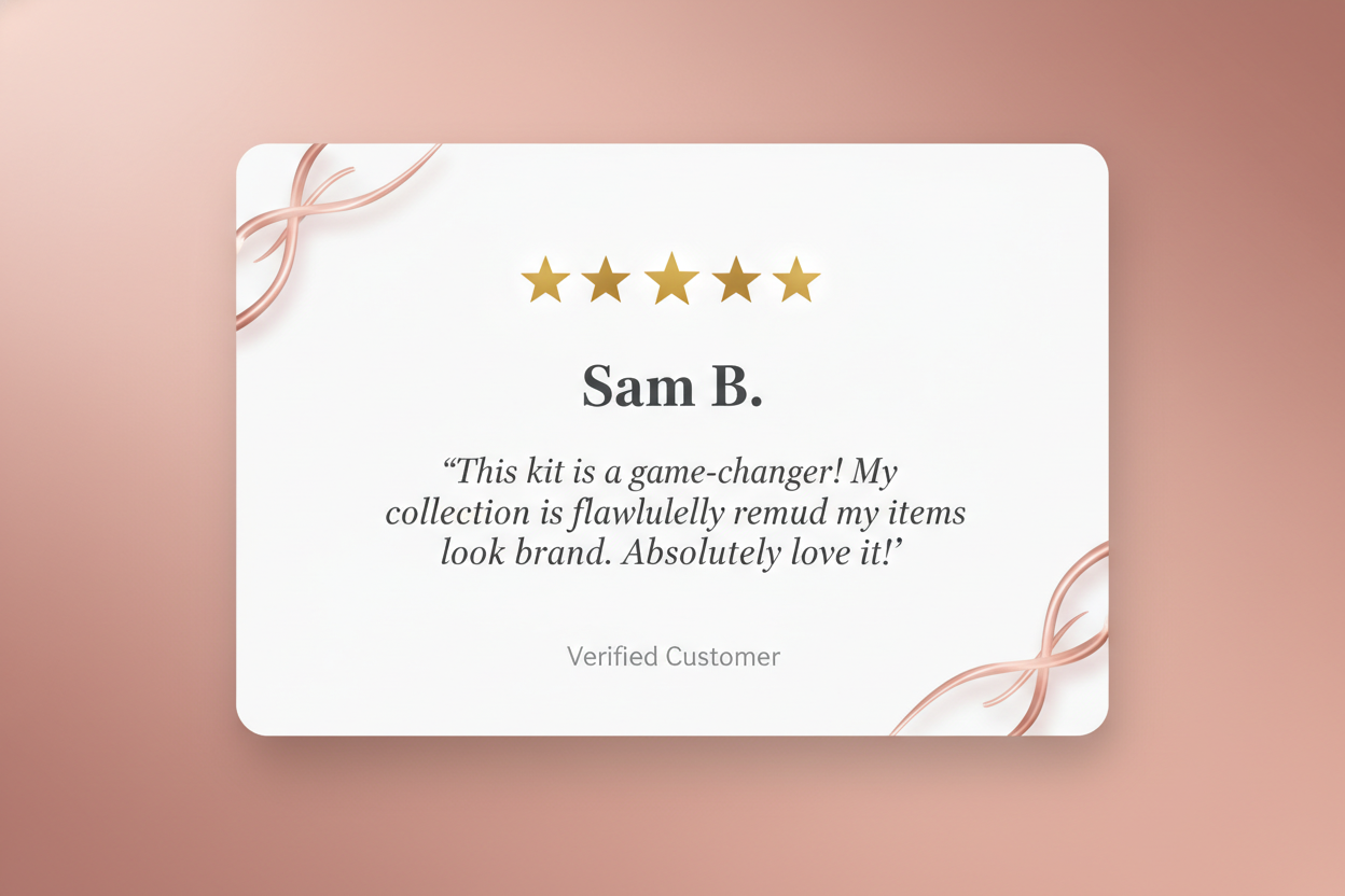 mockup a testimonial for collection removal kit with rose-gold background for Sam B 