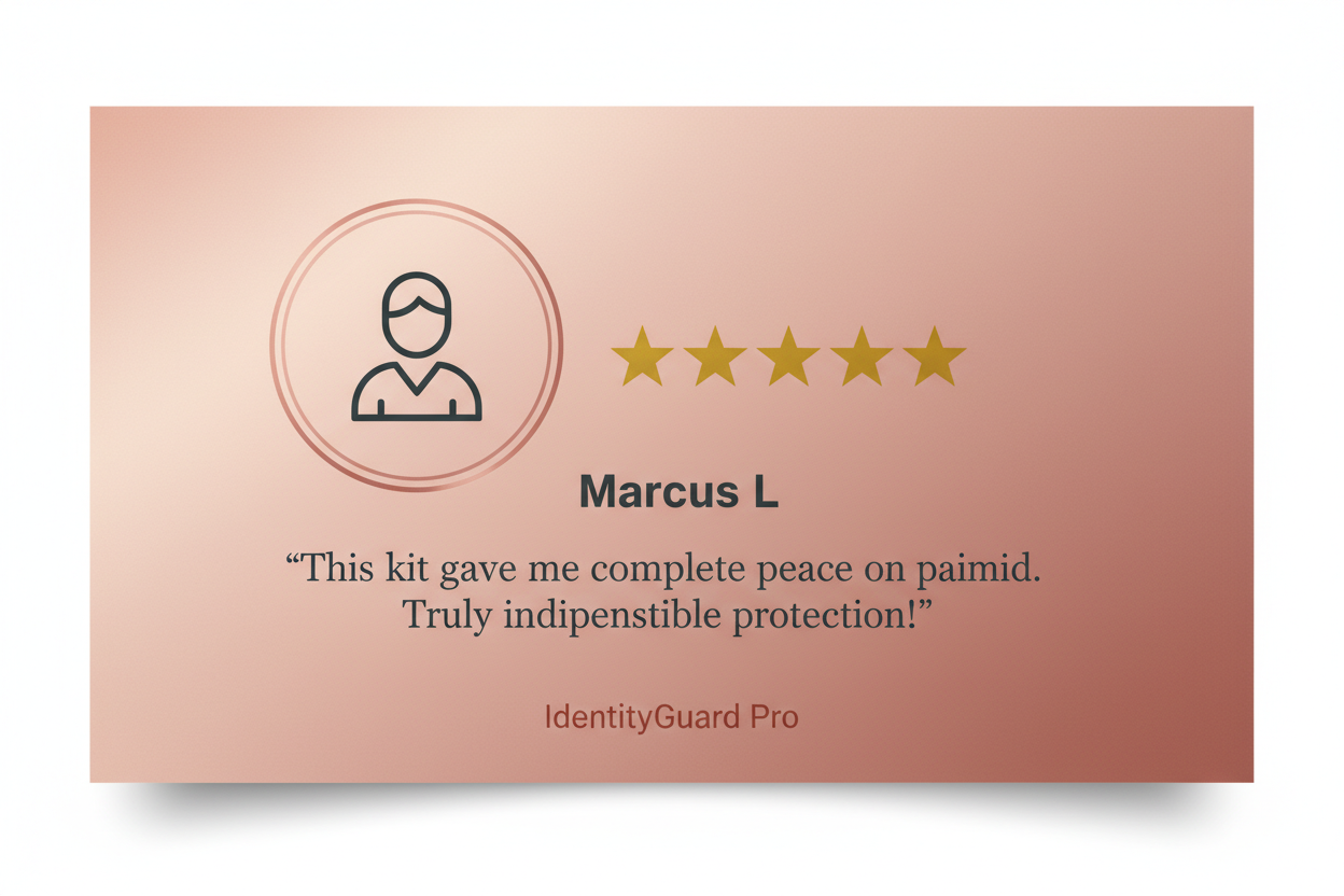 mockup a testimonial for identity theft kit with rose-gold background for Marcus L 