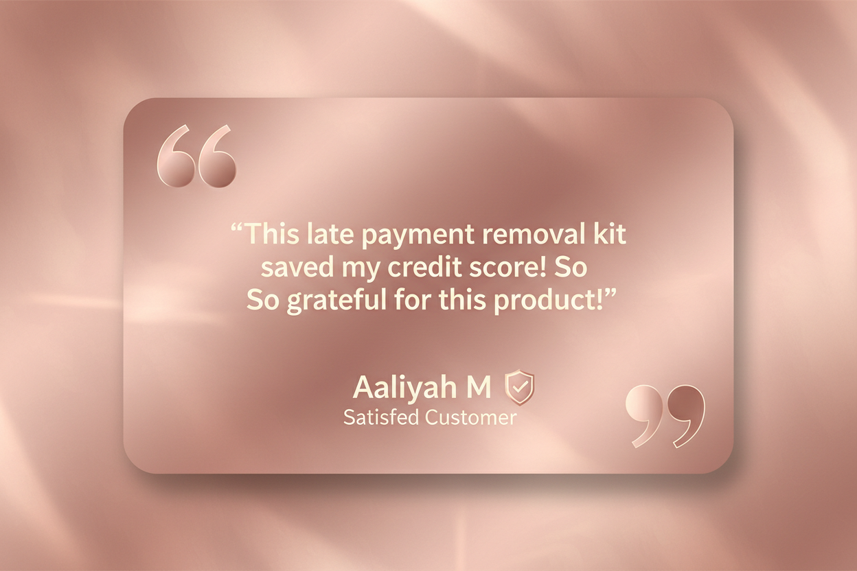 mockup a testimonial for late payment removal kit for Aaliyah M with rose-gold background 