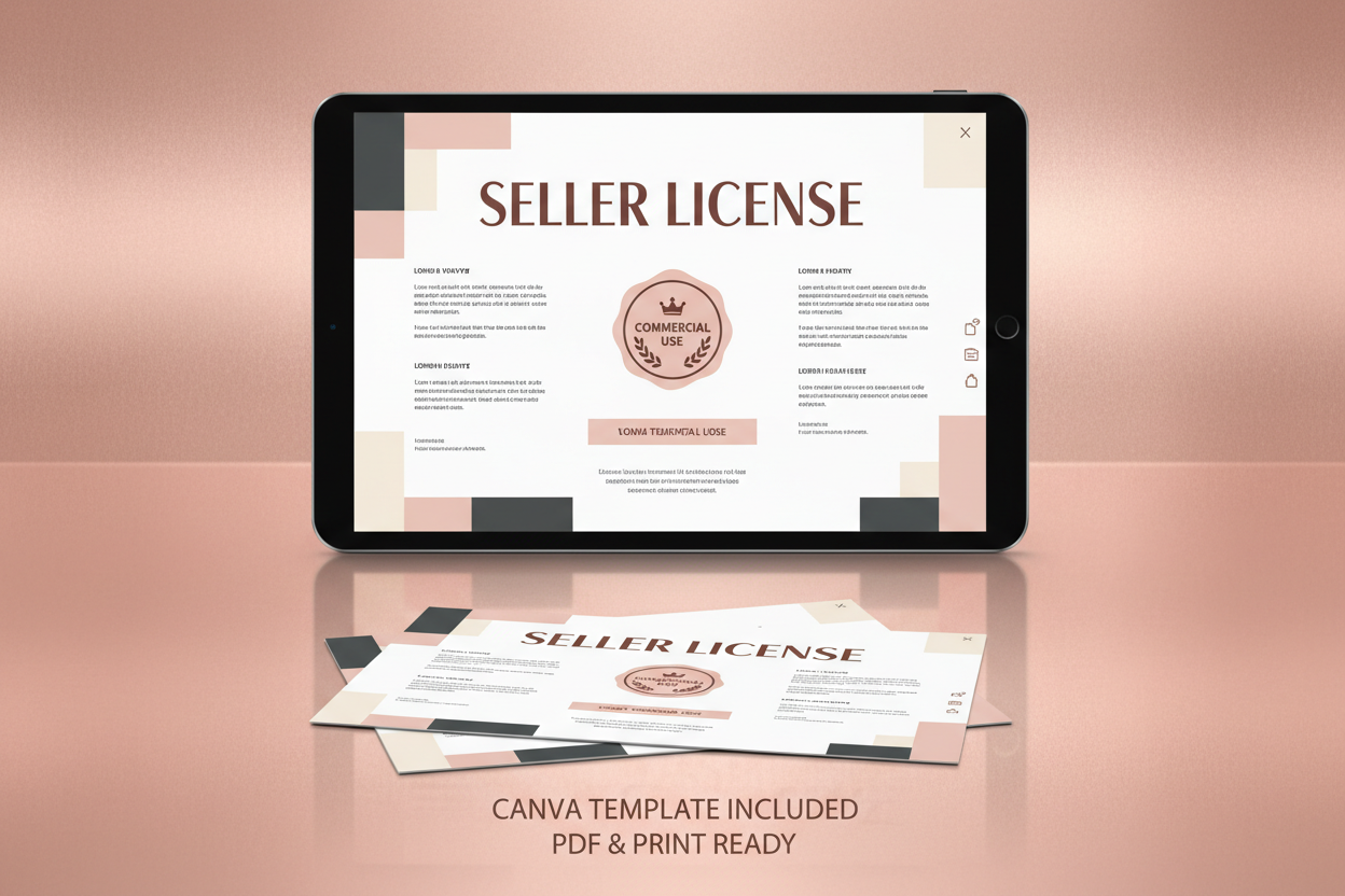 mockup deluxe pdf + Canva seller license commercial template with rose-gold background  