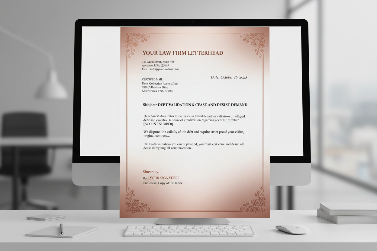 mockup pdf template for debt validation cease desist with rose-gold backround