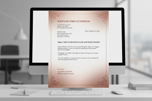 mockup pdf template for debt validation cease desist with rose-gold backround